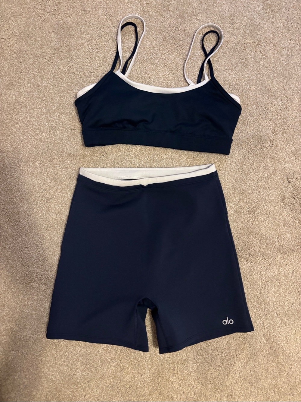 ALO Yoga Navy Sports Bra & Bike Shorts with Cream Trim
